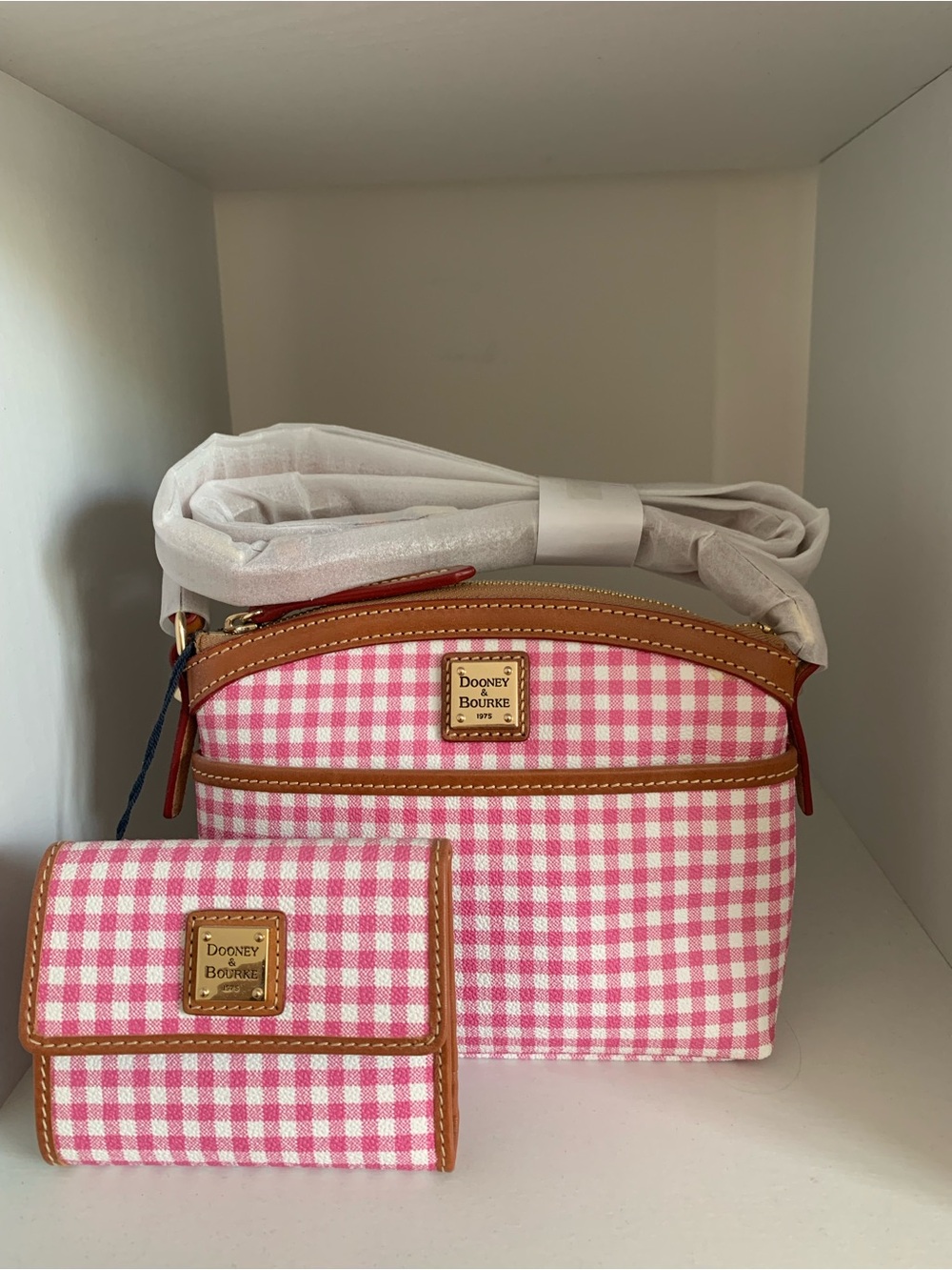 Dooney & Bourke Pink Gingham Crossbody and Matching Wallet